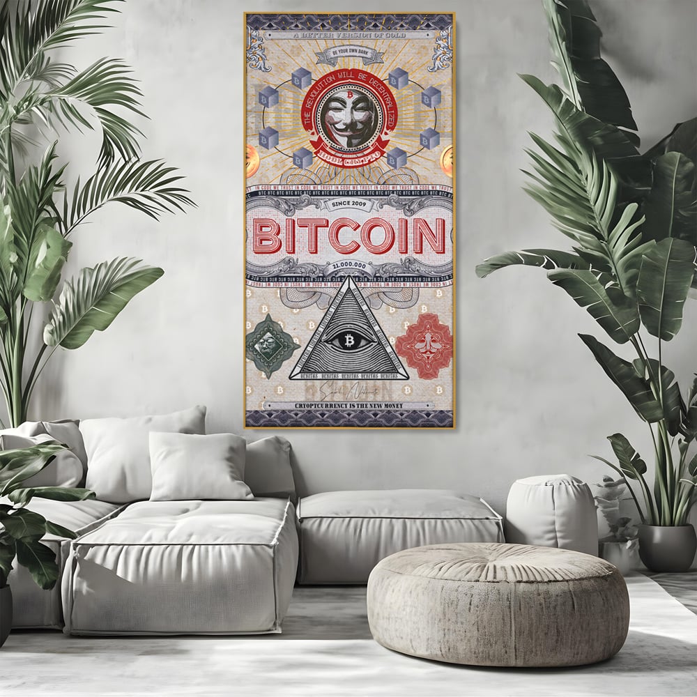 Tablou canvas cu ilustratie digitala cu tema bitcoin si criptomonede, in rama de aluminiu auriu, pe perete intr-un living
